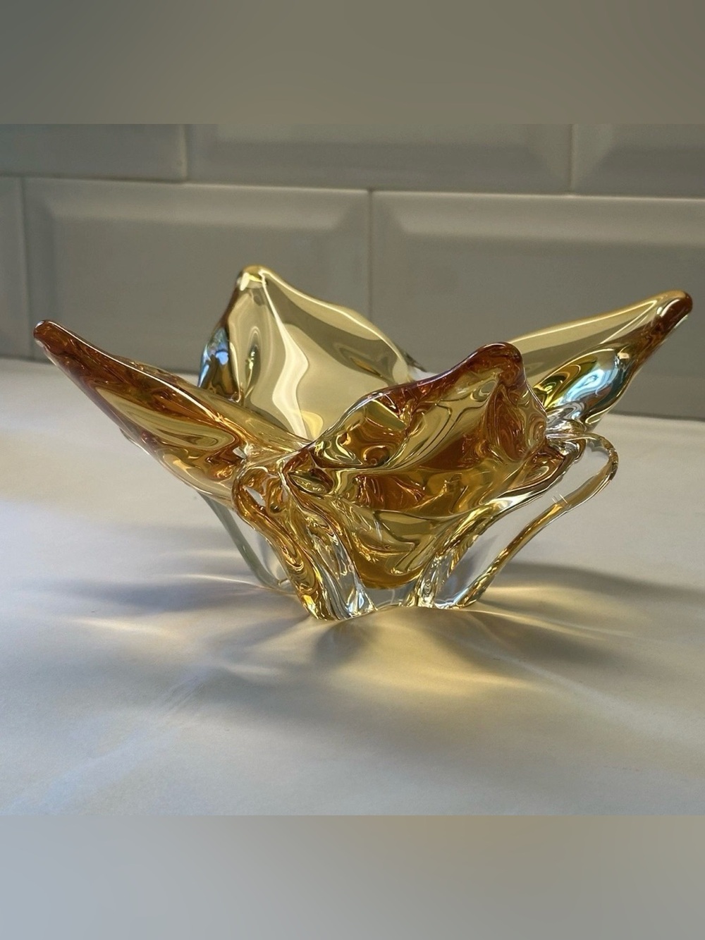 Vintage Chalet Honey Amber Art Glass Bowl Splash Vase Hand Blown Ashtray Canada